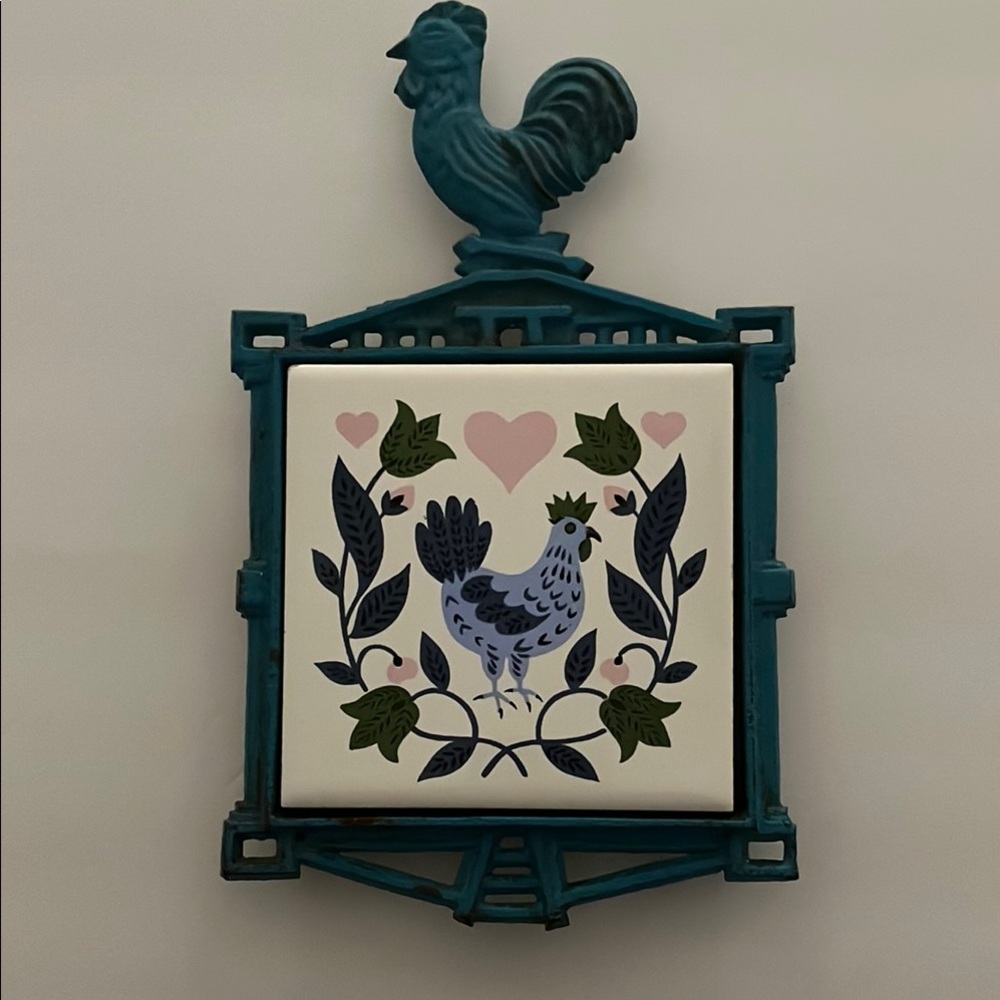 Rustic Blue and White Rooster themed Cast Iron framed Ceramic Tile Trivet